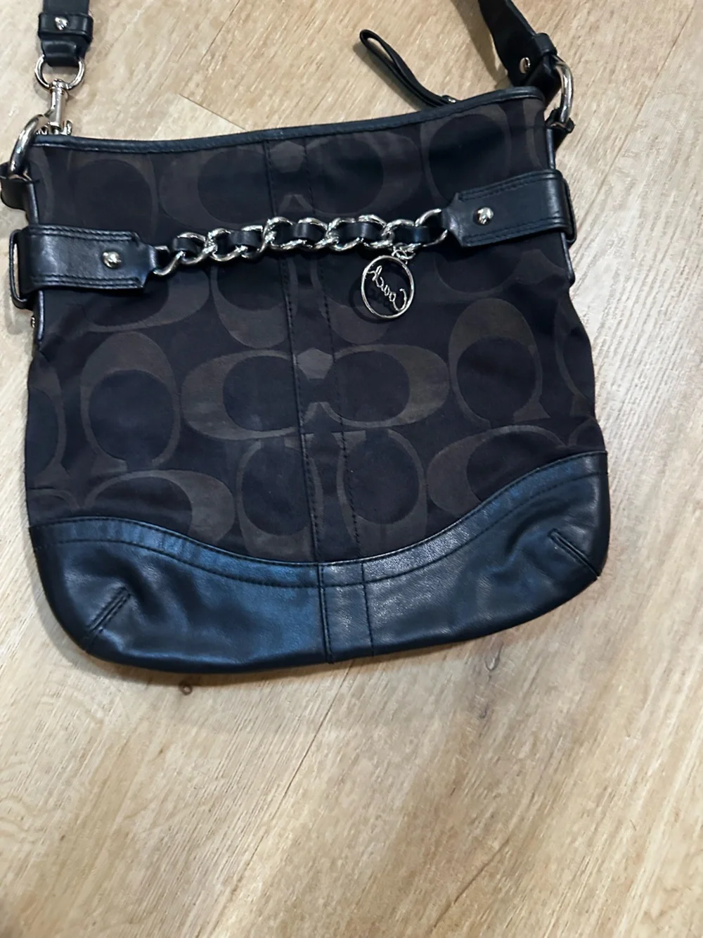 Coach Dark Brown Signature Canvas Shoulder Bag with Black Leather Trim